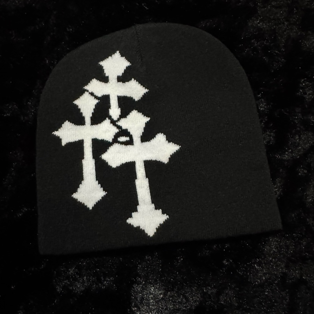 Black Beanie with White Crosses